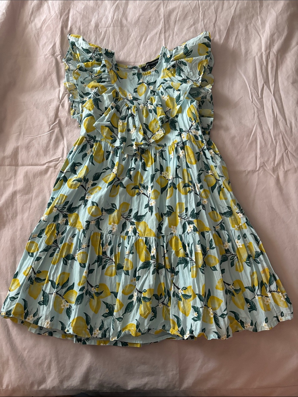 French Connection Lemon Print Ruffle Dress - Yellow & Light Blue